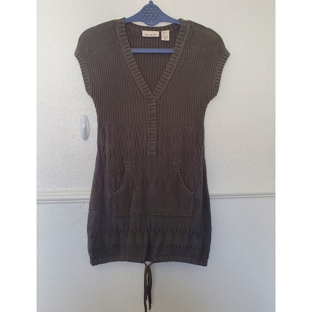 DKNY Jeans Women Olive Green Pointelle Knit Henley Sleeveless Tunic Sweater S